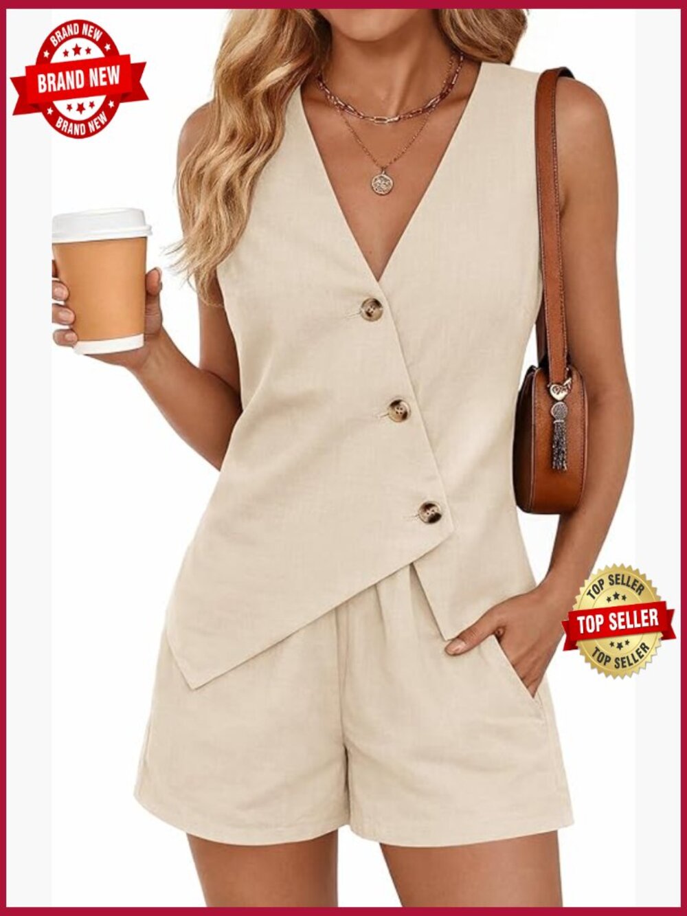 Linen 2 Piece Set with Vest and Shorts Sleeveless Casual Outfit